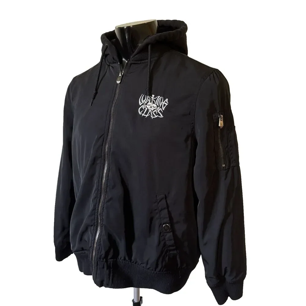 Lurking Class by Sketchy Tank Bomber Jacket Men's Size L Hooded Bones Skulls